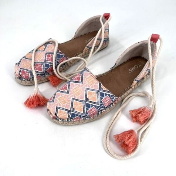 Toms Womens Lace-Up Katalina Chambray Espadrilles Flat Shoes Blue Pink Size 8.5W - Picture 1 of 9